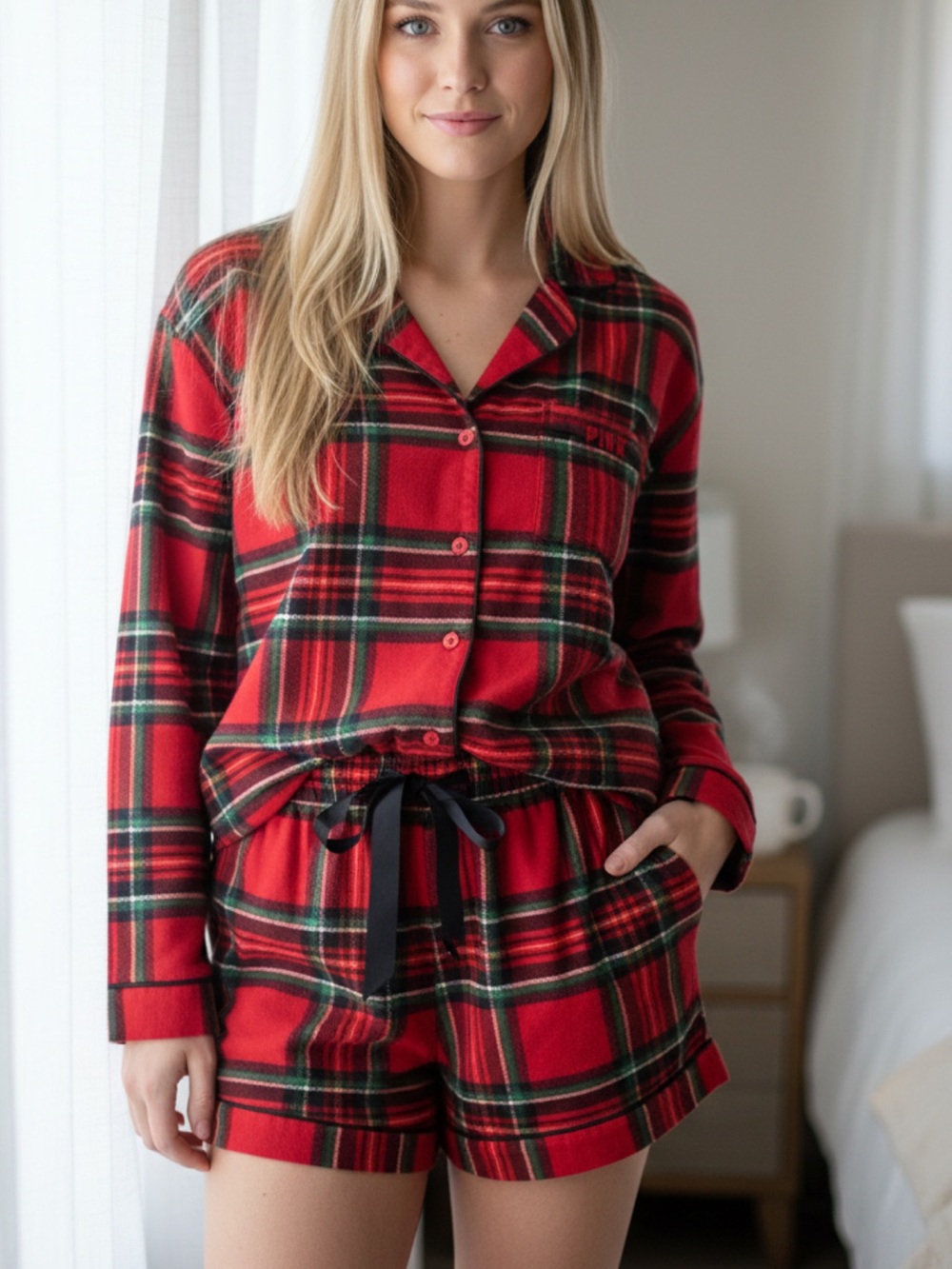 PINK - Victoria's Secret Red and Green Plaid Pajama short Set
